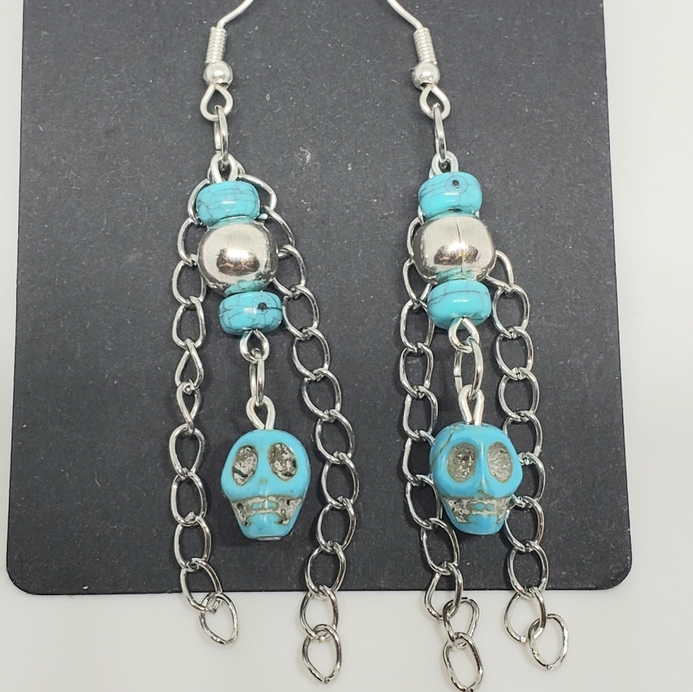 Handmade Beaded Howlite Turquoise Silver Halloween Skull Dangle Chain Earrings